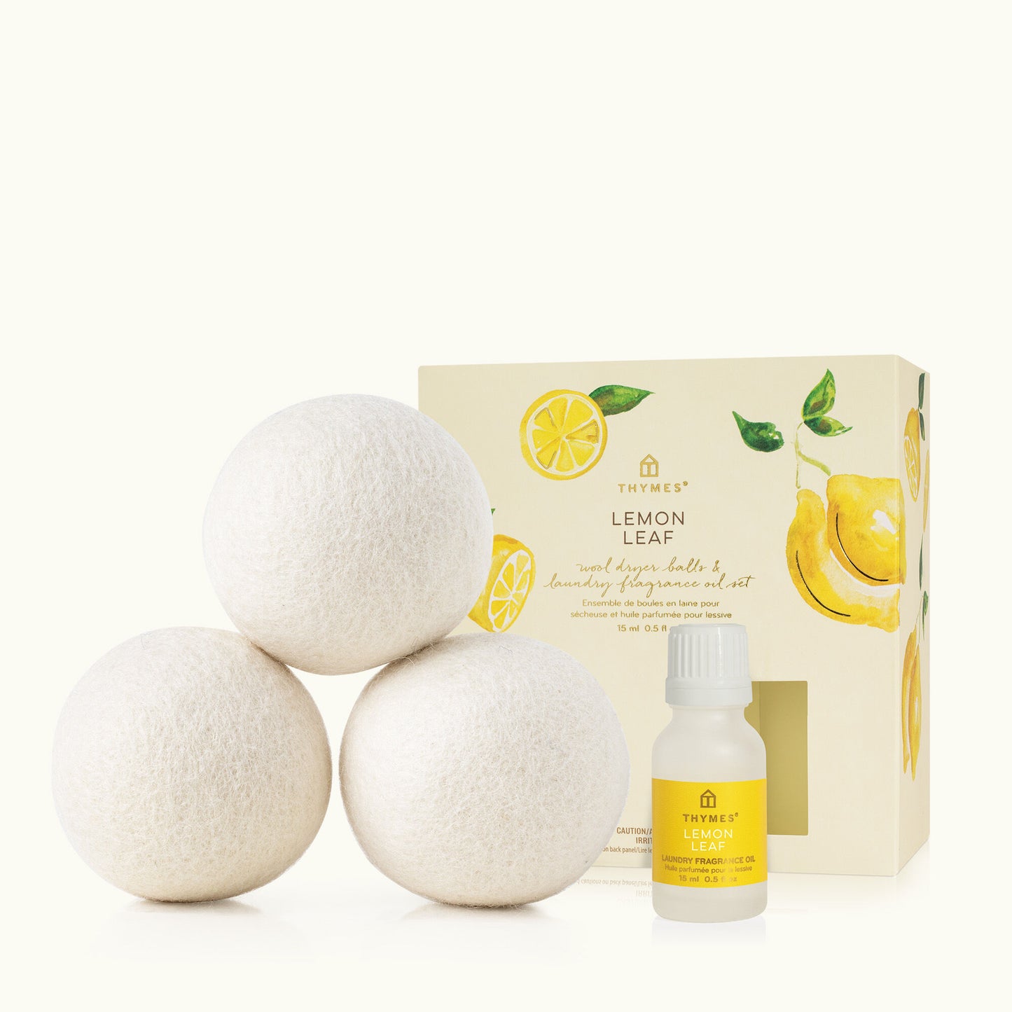 Thymes Lemon Leaf Wool Dryer Balls and Oil Set