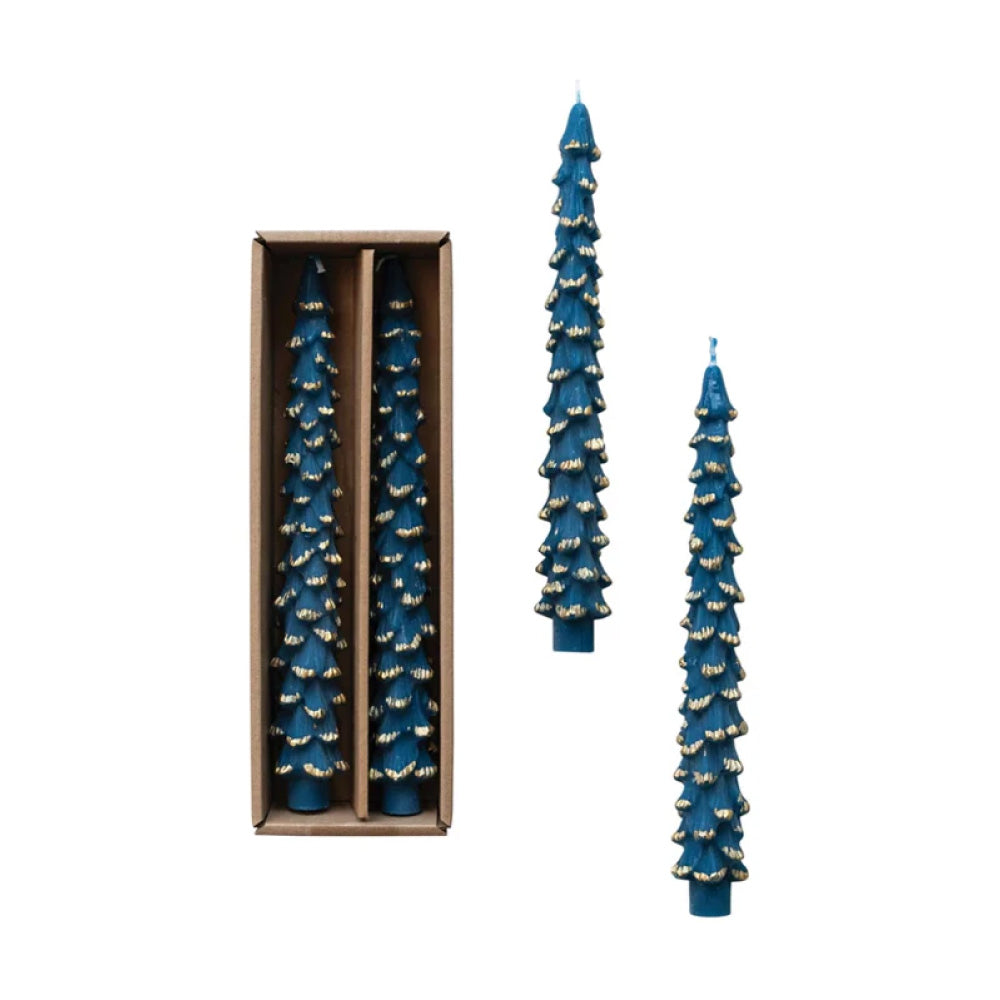 Unscented Tree Shaped Taper Candles Blue w/ Gold Tips 10"