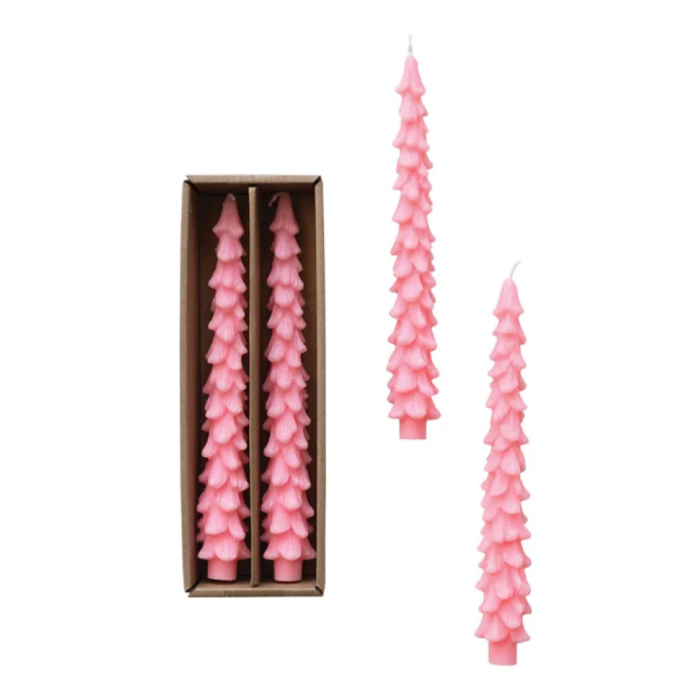 10” Unscented Tree Shaped Taper Candles in Box, Medium Pink, Set of 2
