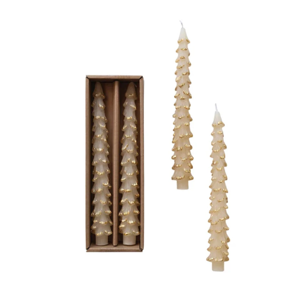 Unscented Tree Shaped Taper Candles Eggnog w/ Gold Tips 10β