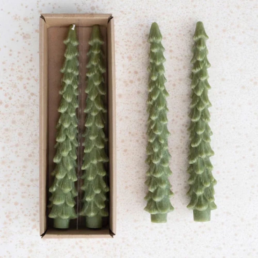 Unscented Tree Shaped Taper Candles, Set of 2, 10” Cedar Green