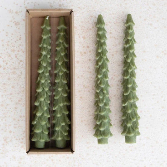 Unscented Tree Shaped Taper Candles, Set of 2, 10” Cedar Green