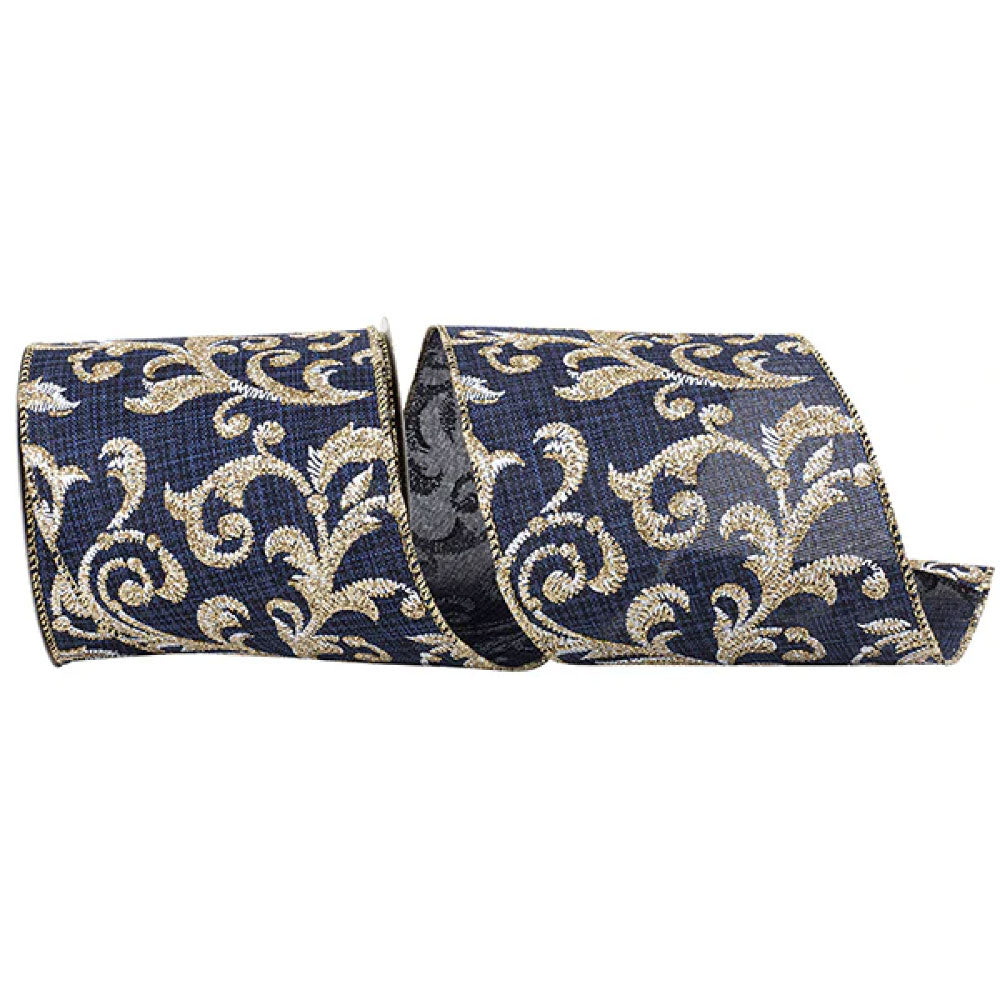 SCROLL FILIGREE GLITTER LINEN WIRED EDGE, NAVY, RIBBON