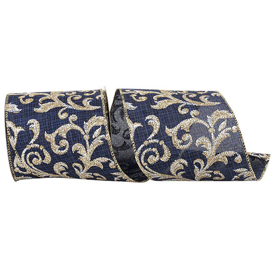 SCROLL FILIGREE GLITTER LINEN WIRED EDGE, NAVY, RIBBON