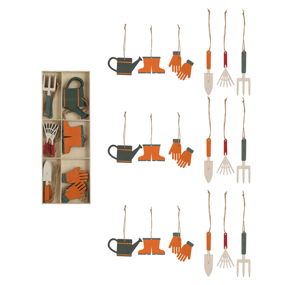 Laser-cut garden tool ornaments