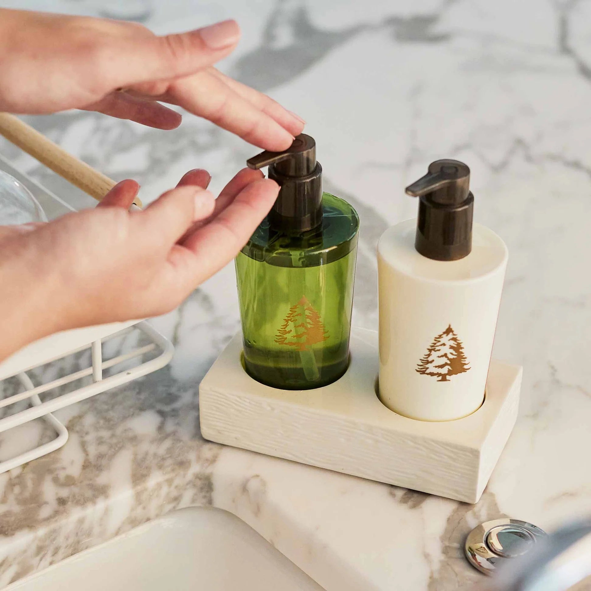 Thymes frasier fir hand soap and lotion set being used