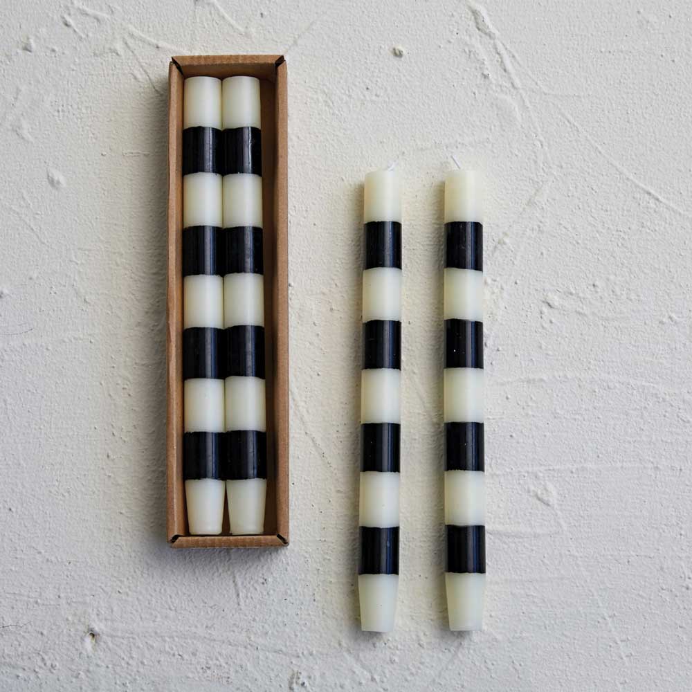 Black and white stripe tapered candle 10”