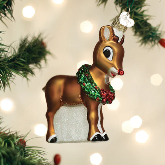 Rudolph The Red Nose Reindeer® With Wreath Glass Ornament, 5”