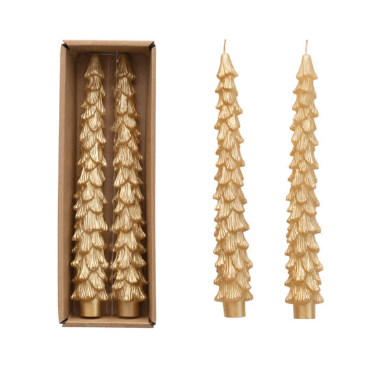 Unscented Tree Shaped Taper Candles 10” Set of 2 Gold