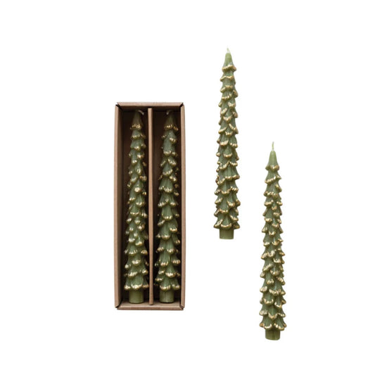 10” Unscented Tree Shaped Taper Candles w/ Gold Tips in Box, Evergreen Color, Set of 2