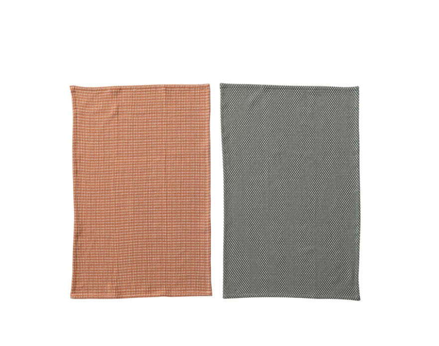 Woven Cotton Dobby Tea Towels, Orange & Charcoal Color, Set of 2