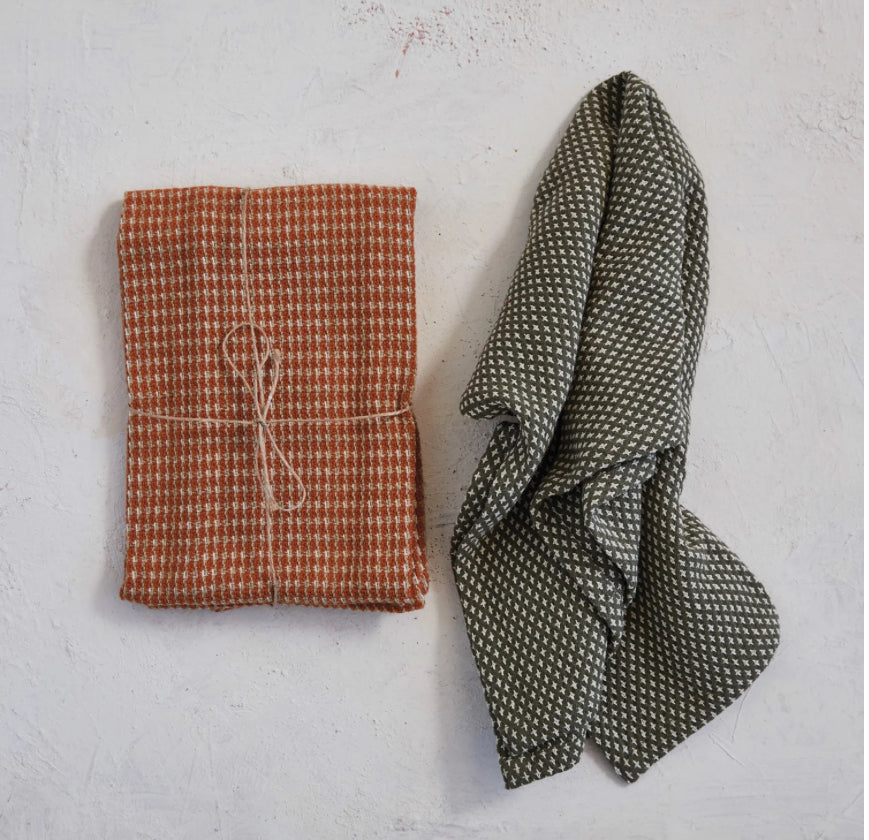 Woven Cotton Dobby Tea Towels, Orange & Charcoal Color, Set of 2