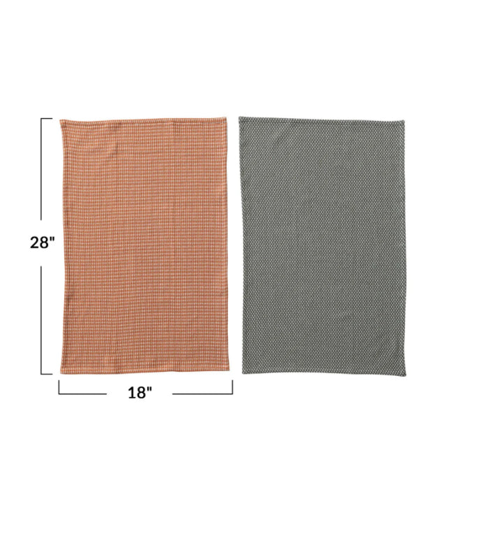 Woven Cotton Dobby Tea Towels, Orange & Charcoal Color, Set of 2