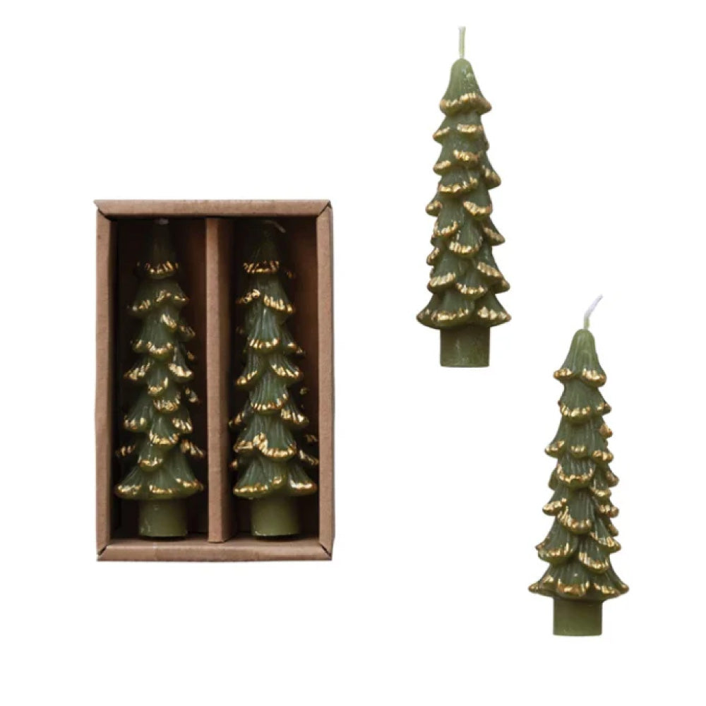 Unscented Tree Shaped Taper Candles w/ Gold Tips in Box, Set of 2 4 3\4”