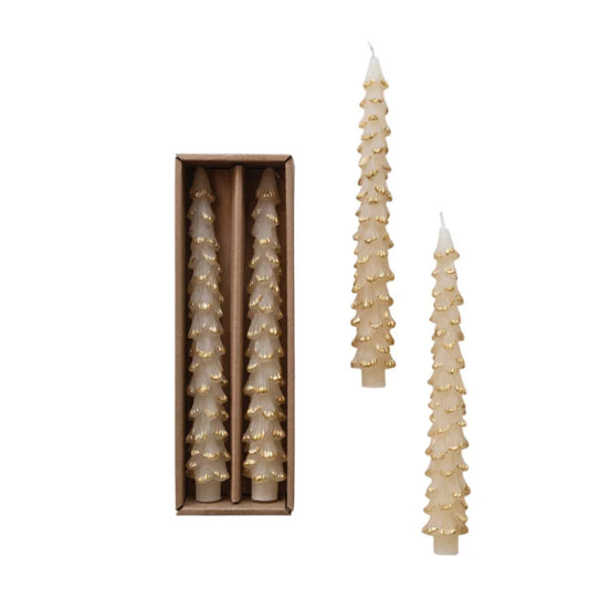 Unscented Tree Shaped Taper Candes in Box, Eggnog Color, Set of 2 10”