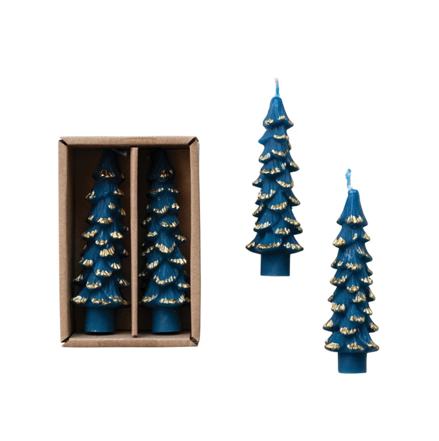 Unscented Tree Shaped Taper Candles w/ Gold Tips in Box, Blue, Set of 2, 4 3/4”