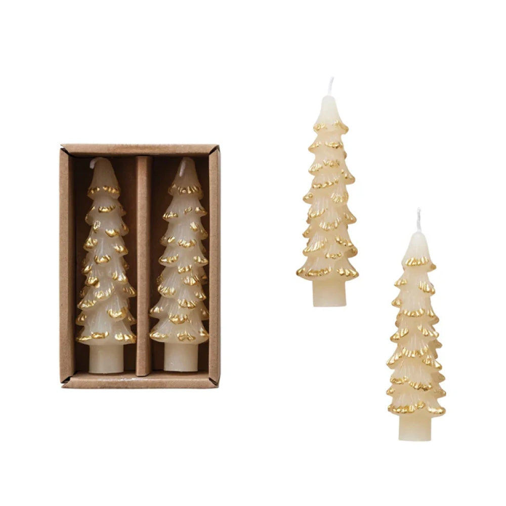 Unscented Tree Shaped Taper Candles w/ Gold Tips in Box, Eggnog Color, Set of 2, 4 3/4”