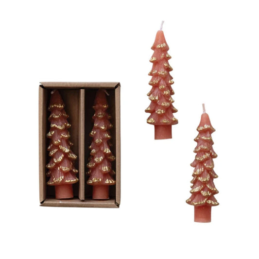 Unscented Tree Shaped Taper Candles w/ Gold Tips in Box, Coral Color, Set of 2, 4-3/4”