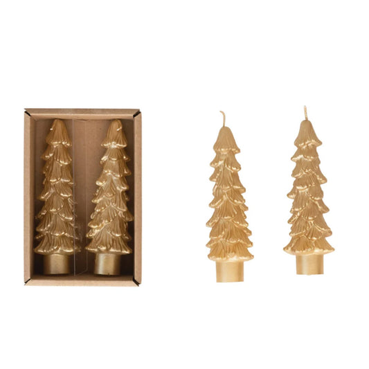 Unscented Tree Shaped Taper Candles In Box, Set of 2, Gold, 4-3/4”