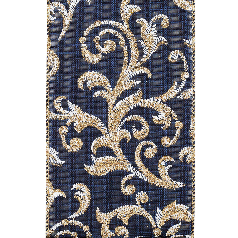 SCROLL FILIGREE GLITTER LINEN WIRED EDGE, NAVY, RIBBON