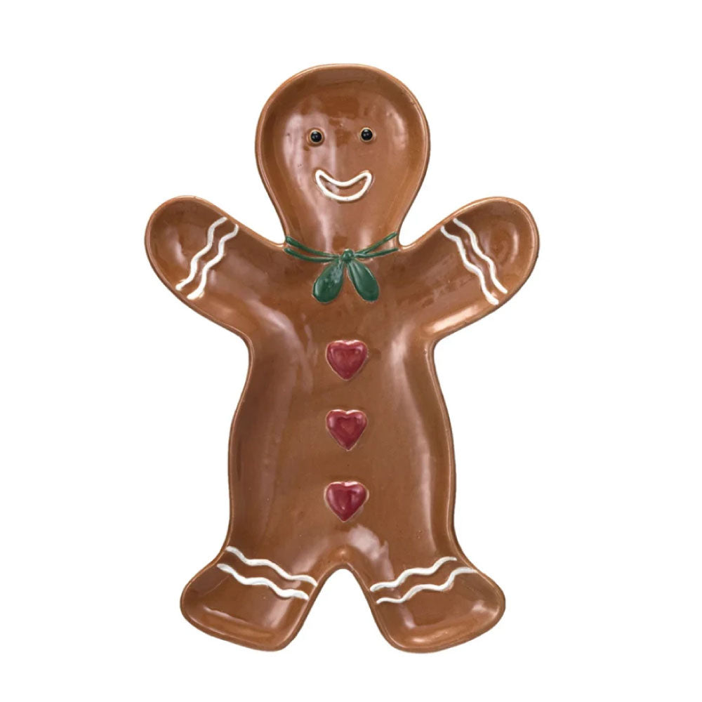 Stoneware Gingerbread Man Shaped Platter w/ Heart Buttons, Multi Color