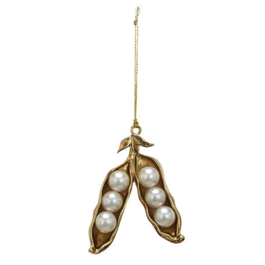 Metal & Faux Pearl Pea Pod Ornament, Gold & Cream Color