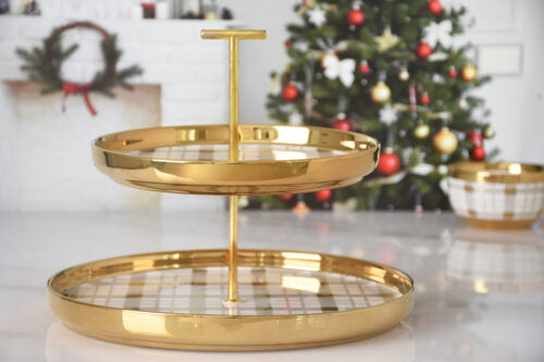 White with Gold Trim and Gold Pattern 2-Tier Stand