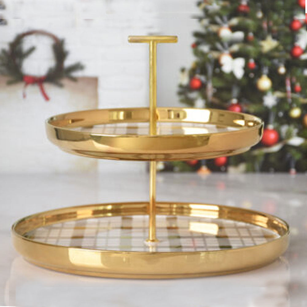 White with Gold Trim and Gold Pattern 2-Tier Stand