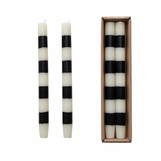 Unscented Black and White Stripe Taper Candles 10"