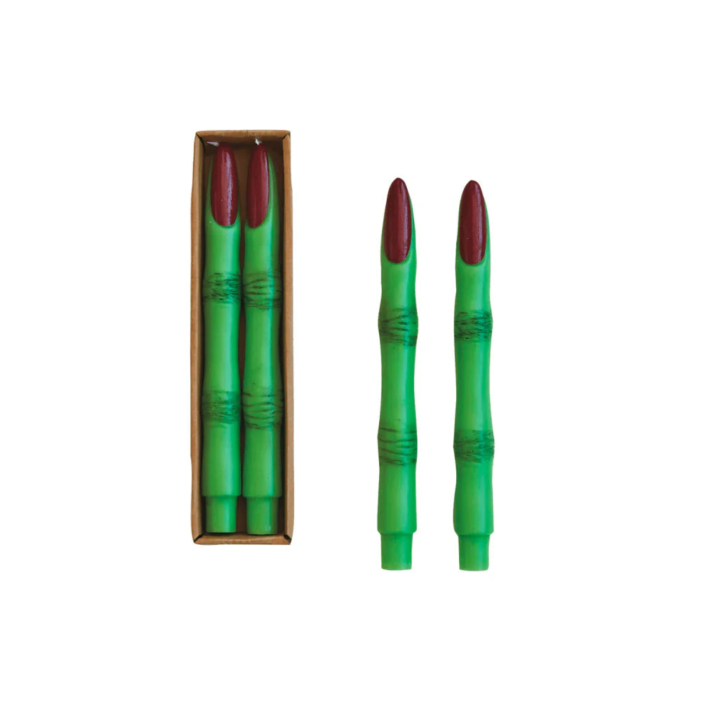 Unscented Green & Red Witch Finger Taper Candles Boxed Set/2 10”