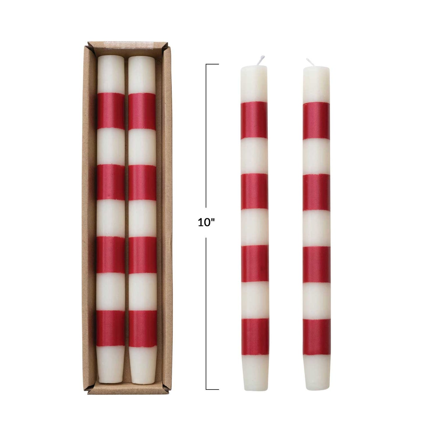 Red and white stripe tapered candle 10”