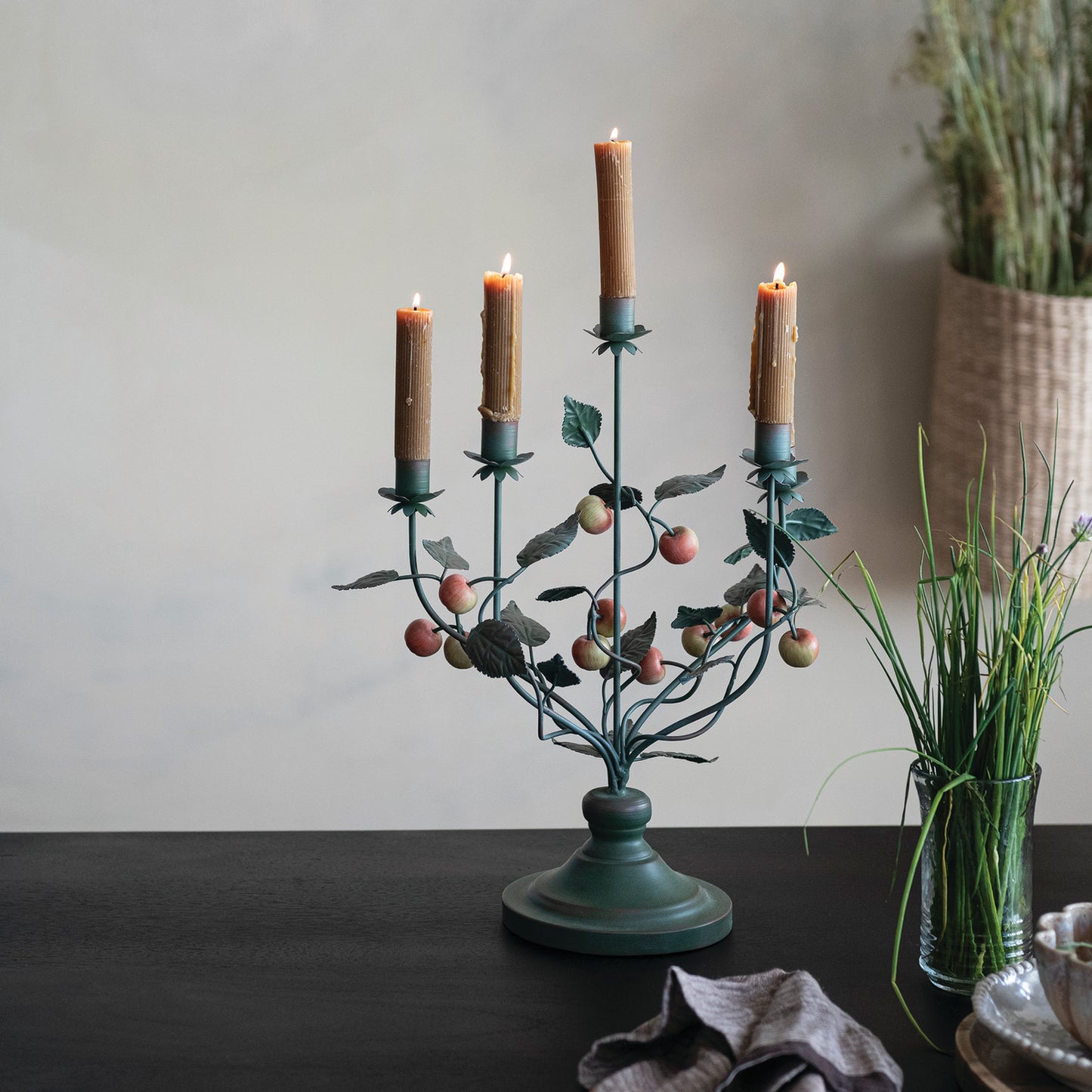Hand-Painted Iron Crabapple Candelabra
