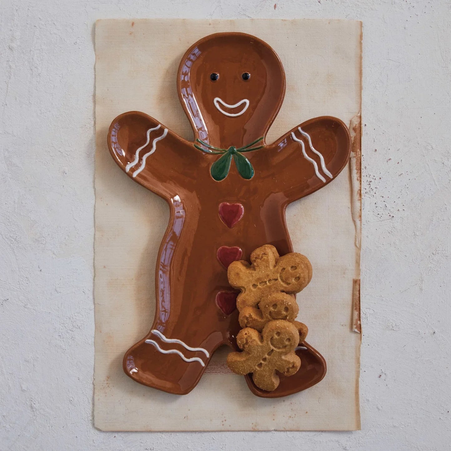 Stoneware Gingerbread Man Shaped Platter w/ Heart Buttons, Multi Color