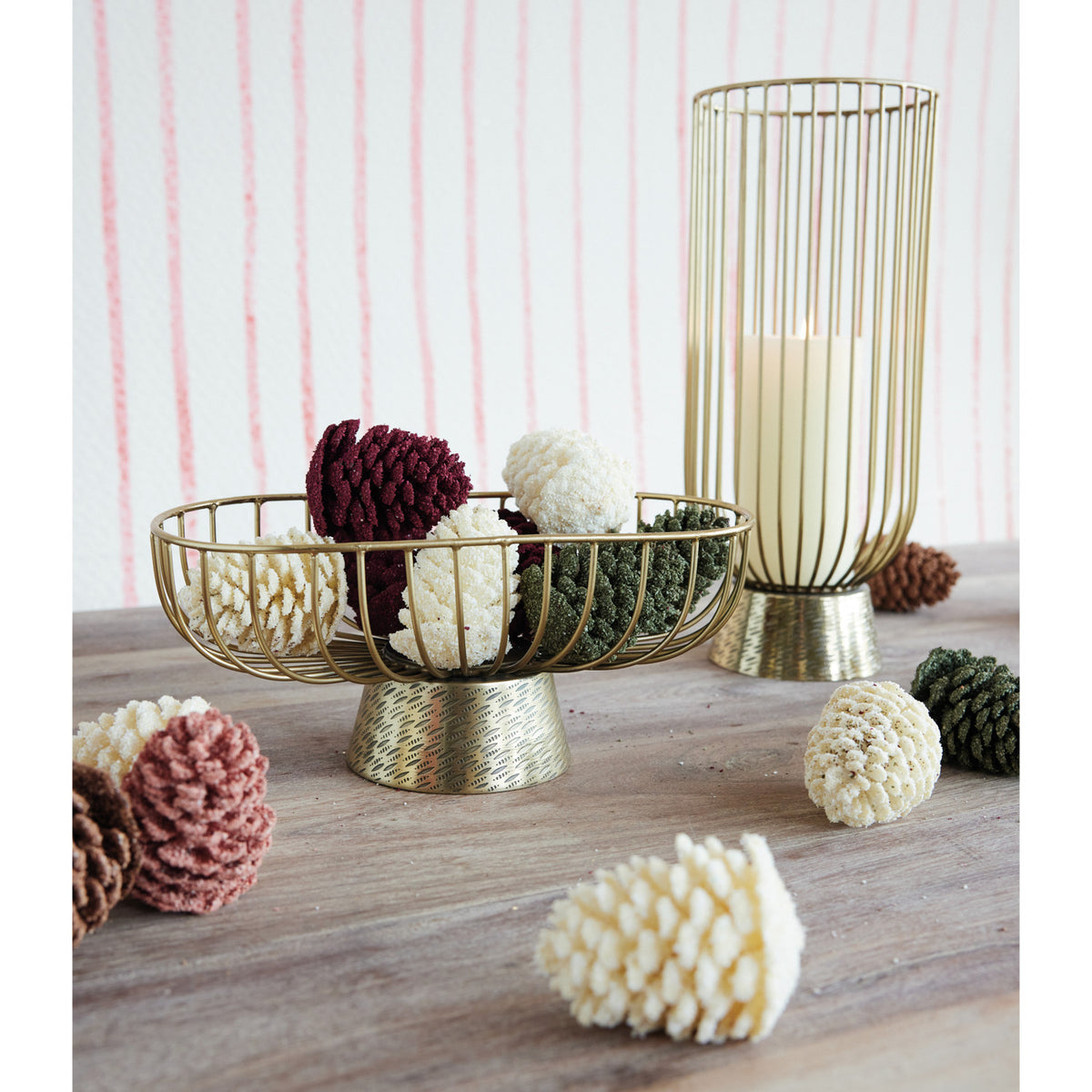 Decorative Embossed Metal Wire Footed Bowl, Gold Finish