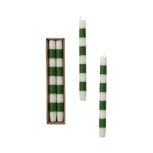 White & Green Striped Taper Candles