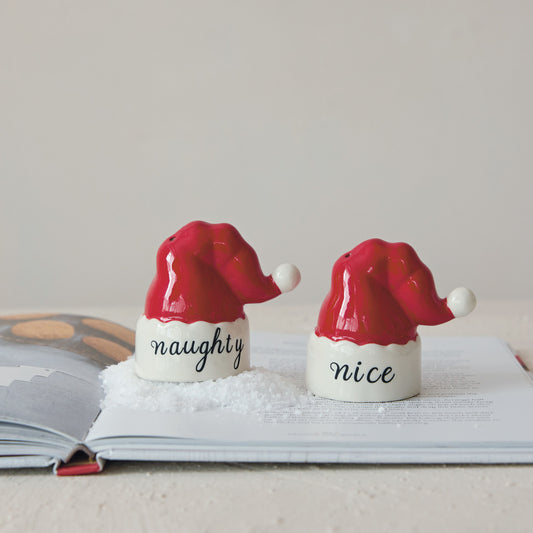 Hand-Painted Stoneware Santa Hat Shaped Salt & Pepper Shaker Set