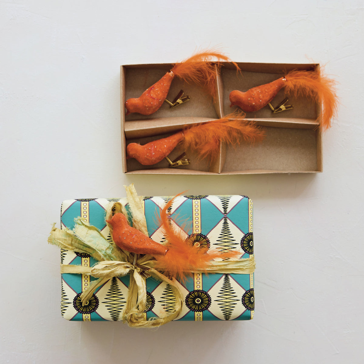 Orange Hand-Painted Glass & Feather Clip-on Bird Ornament