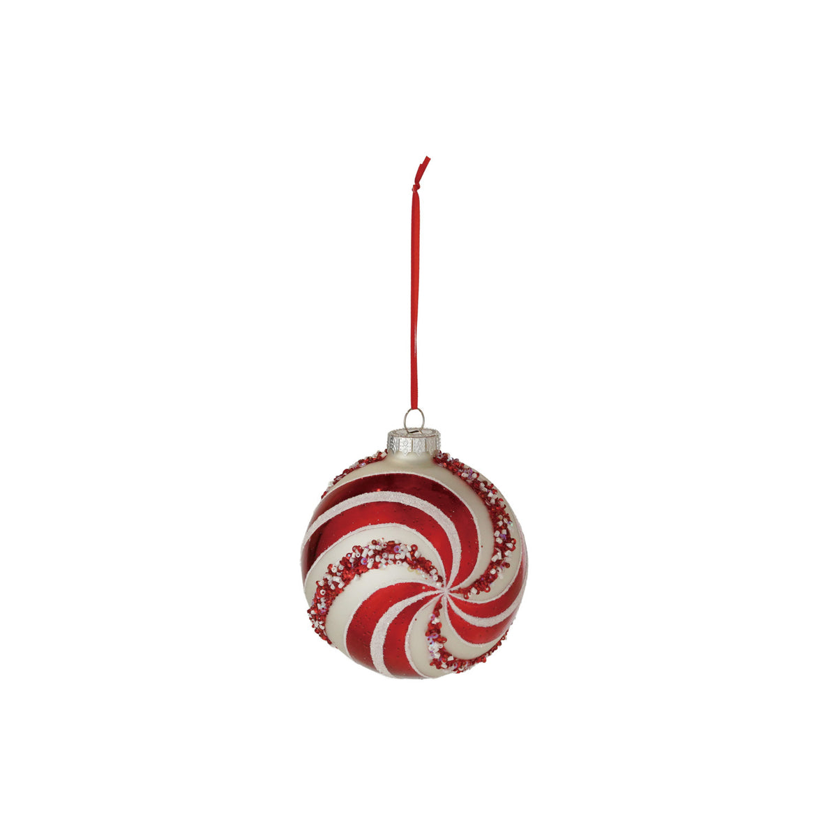 Glass Candy Striped Ball Ornament with Beads, Red & White